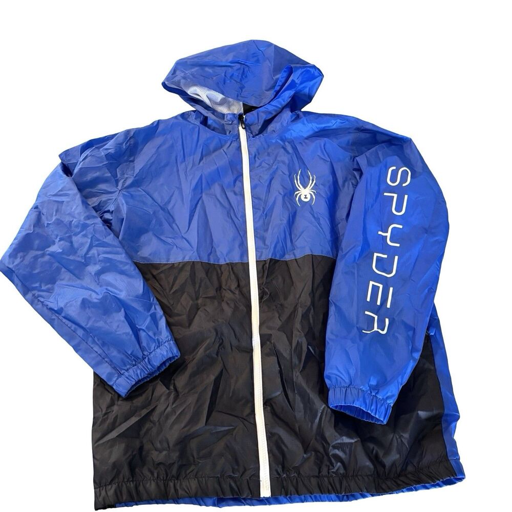 SPYDER Men’s XL Water Resistant Windbreaker Hooded Blue and Black Full Zip NEW